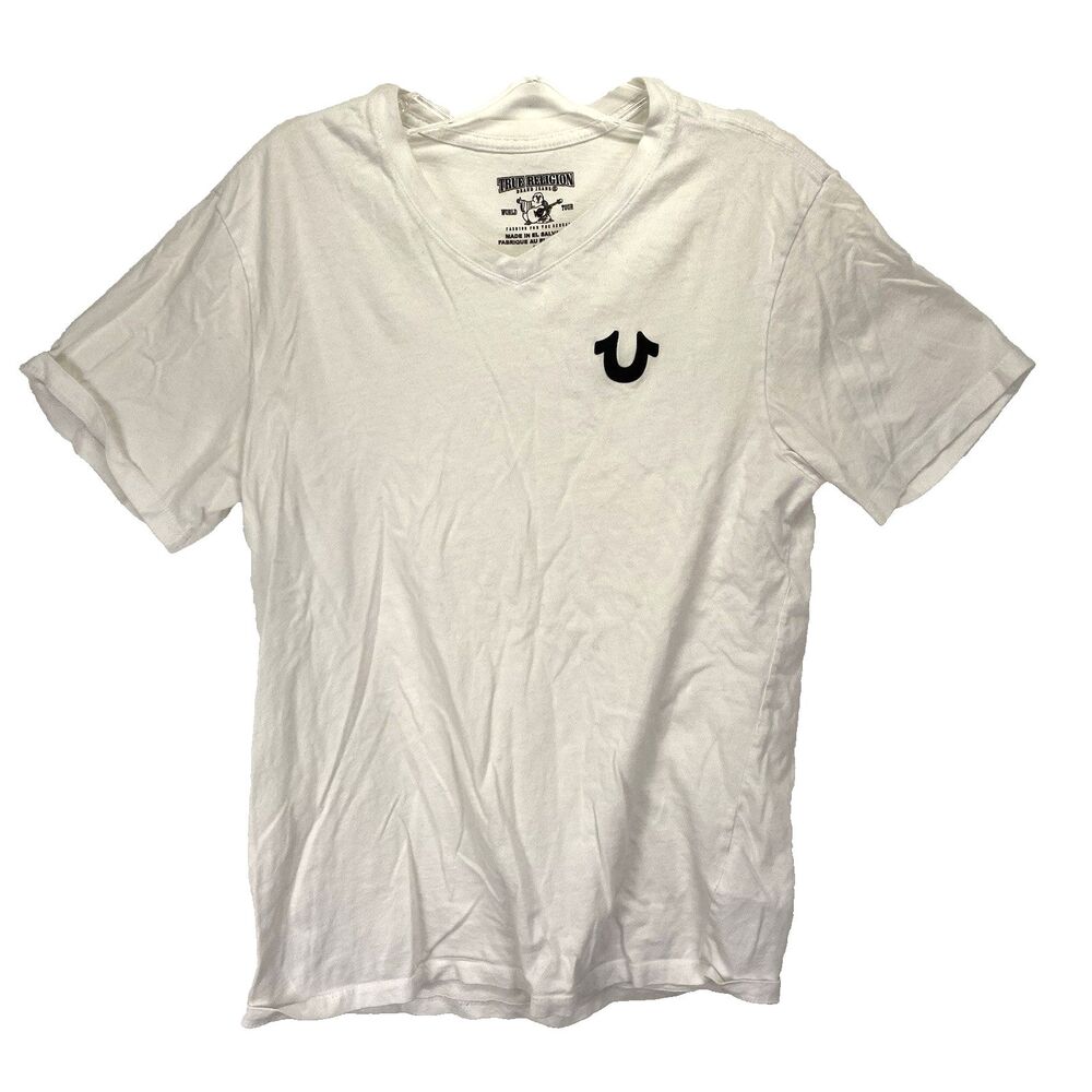 TRUE RELIGION Women's Tee Medium White Crew Logo Graphic World Tour Cotton